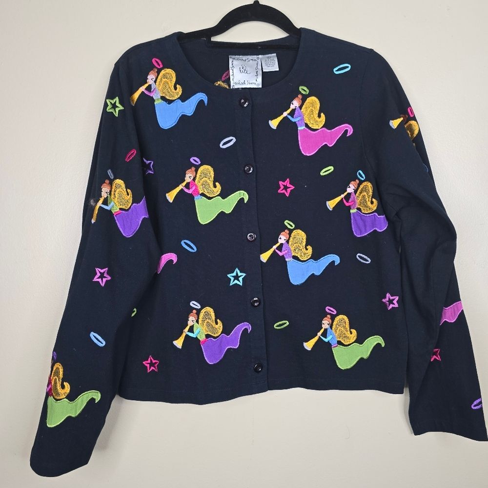 Michael Simon Lite art deco angels cardigan size L cotton